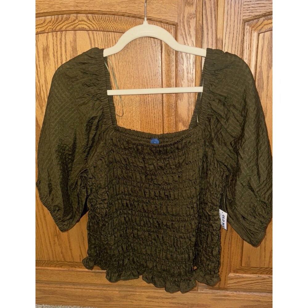 Old Navy Top Lg Olive SS Smocked Puff Sleeve Ruffle Blouse Cottagecore Peasant